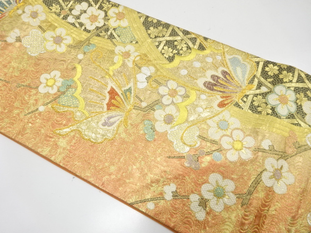 JAPANESE KIMONO / FUKURO OBI FOR FURISODE / SILK / WOVEN BUTTERFLY & UME